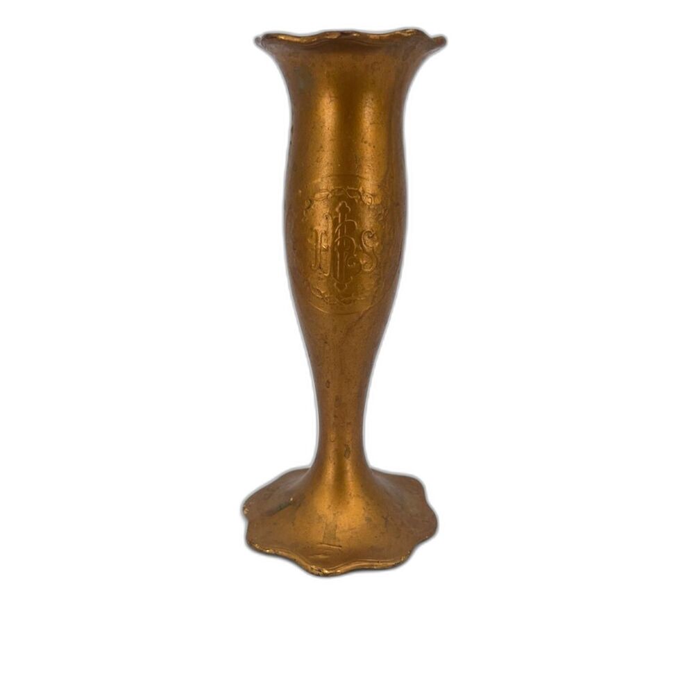 Antique Gilt Metal Church Flower Altar Vase IHS Christogram Trumpet Base SINGLE